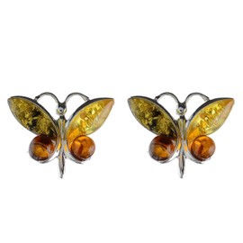 Sterling Silver and Baltic Multicolored Amber Earrings "Butterfly"