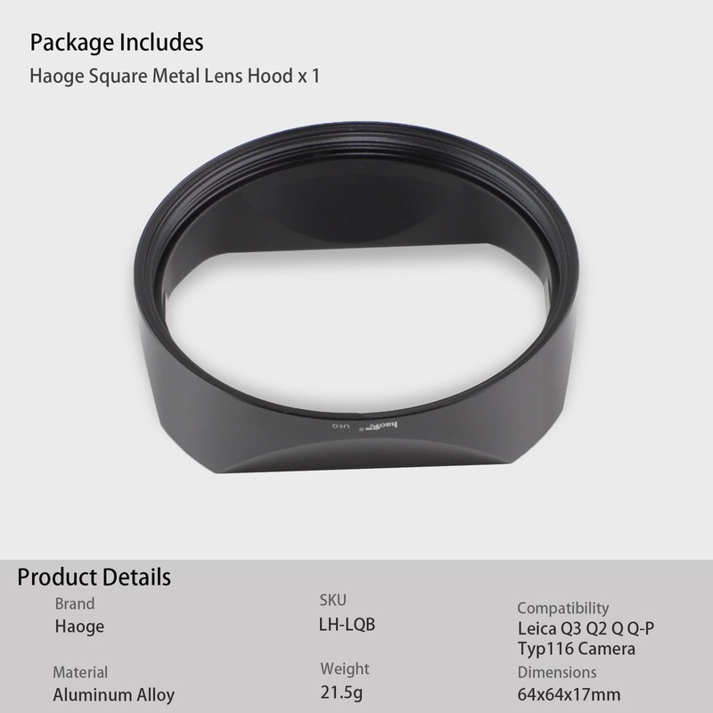 Haoge Lens Metal Square Hood for Leica Q3 Q2 Q