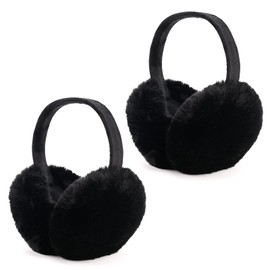 2 Pcs Winter Earmuffs, Foldable Windproof Soft Plush Ear Muffs, Outdoor Winter Accessory Unisex Fluffy Ear Protector Folding Warm Ear Covers for Women, Men, Girls, Boys (Black & Black)