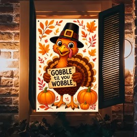 BlissYard Thanksgiving Window Banner Turkey Pilgrim Hat Autumn Harvest Background Polyester 31x47 Inch Window Cover Window Banner Window Decor Window Decoration Holiday Feast Party