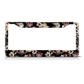 Beabes Retro Floral License Plate Frame Vintage Rose License Plate Holder Peony Blossom Car Tag Frame License Plate Cover Car Accessories 2 Holes Novelty Auto Car Tag Vanity Present