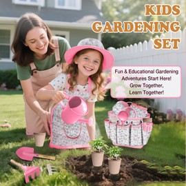Kids Gardening Tool Set 18PCS Kids Toddler Gardening Set Includes Tote Bag Watering Can Apron Hat Rake Shovel Spoon Gloves Plant Pots and Labels, Outdoor Toys Gift for Boys Girls (Pink)