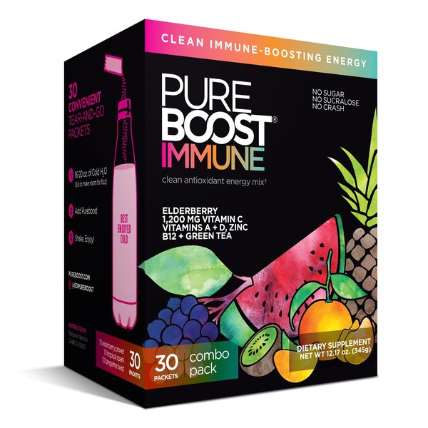 Pureboost Immune Clean Energy Drink Mix: Immunity Supplement with Elderberry, 1200 mg Vitamin C, Vitamins A + D, Zinc, 28 Vitamins, Minerals and Supernutrients (Combo, 30 Count)