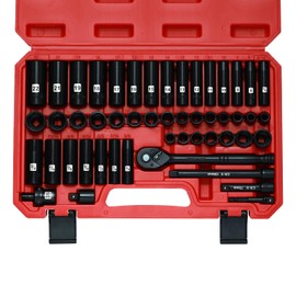 Mayouko 3/8” Drive Impact Socket Set, 50-Piece Standard SAE(5/16”-3/4”) and Metric Size(8-22mm), Deep & Shallow, 6 Point, CR-V, 72-Tooth Ratchet Wrench Handle, Extension Bars, Universal Joint