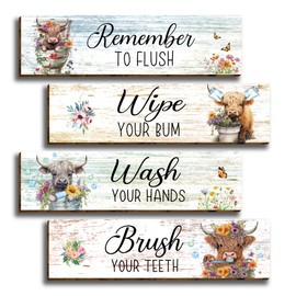 Funny Highland Cow Bathroom Rules Wipe Your Bum Wall Décor for Boy Girl Kids, 4 Pieces Highland Cow Bathroom Wall Decor Signs for Toilet Restroom Bathroom Nursery, Rustic Highland Cow Wooden Farmhouse