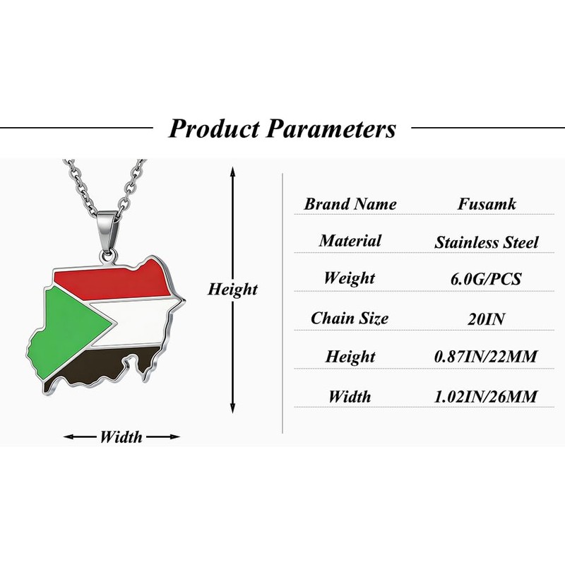 Fusamk Sudanese Flag Necklace for Women, Gold Plated Stainless Steel