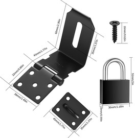 4 Inch 90 Degree Heavy Padlock Hasp, Right Angle Door Clasp Door Lock, Stainless Steel Gate Latch Padlock Staple for Windows, Cabinets, Closets, Sheds, Doors, with a Lock - (Black)
