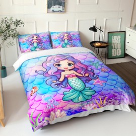 AILONEN Beautiful Mermaid Duvet Cover for Kids Girls Full Size, Mermaid Princess Bedding Set,Ocean Theme Comforter Cover,Purple Blue Fish Scale Duvet Cover,3 Pieces,1 Quilt Cover and 2 Pillowcases