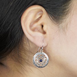 Blue lapis lazuli gemstone ethnic tribal gypsy drop dangle earrings for women light weight casual wear oxidized silver filigree dangle earrings by Tibetan artisan