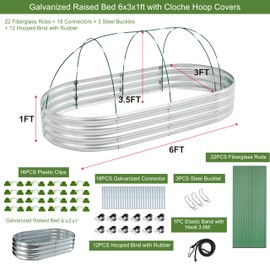 Galvanized Raised Bed 6x3x1’ with Greenhouse Hoop Cover, Greenhouse Planter with Plant Netting, Cover, Sun Shade Net, PE Film Greenhouse, Cloche Hoops Kit Mini Hothouse