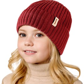 Sukkeen Kids Winter Beanie Hat for Girls & Boys - Warm Knitted Hat, Age 3-10, Seepage Proof, Skull Cap for Daily Outdoor Use - Wine Red