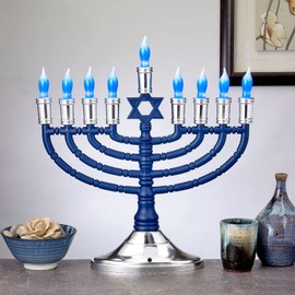 Traditional Large Blue LED Menorah Low Voltage Hanukkah Menorah - Blue & White Holiday Bulbs - Battery or USB Powered - Includes a Wall Plug Cable - Jewish Chanukah Homes, Offices and Dorm Rooms!
