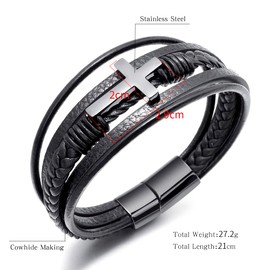 HEIX Mens Multilayer Braised black Leather Glossy Cross Bracelet Magnetic Stainless Steel Clasp Easter Christian Baptist Gift Idea for Men & Boys Jewelry (Silver, 21)