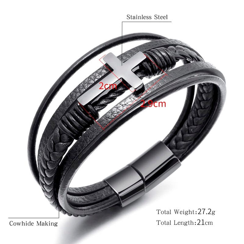 HEIX Mens Multilayer Braised black Leather Glossy Cross Bracelet Magnetic