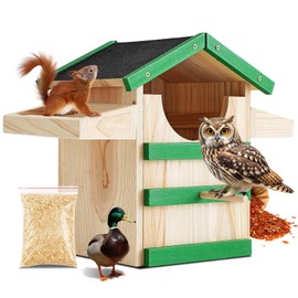 14 Inches Screech Owl House, Wooden Owl Nesting Box with Food Rack, Large Handmade Opening Nesting Box with Mounting Screws & Wood Shavings, Outside Hanging for Backyard