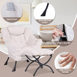 MEETWARM Modern Velvet Fabric Lazy Chair with Ottoman, Accent Contemporary Lounge Chair, Upholstered Single Leisure Sofa Chair with a Side Pocket, Armrests and Thick Padded Back for Living Room(Beige)