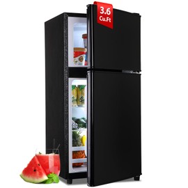 Zyerch FLS-90-BLACK Apartment Size 4.0 Cu. Ft. Mini Dorm Fridge Adjustable Thermostat & Shelves Small Refrigerator with Freezer for College, Office, Kitchen, Black, 3.6 Cu.Ft