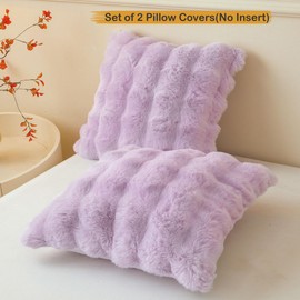 LIFEREVO 2 Pieces Fluffy Faux Rabbit Fur Throw Pillow Covers, Luxury Plush Shaggy 18x18 Bubble Cushion Covers with Zipper, Light Purple Decorative Furry Fuzzy Pillow Shams for Bed Couch Sofa, Lavender
