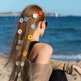 JIEYAO 2pcs Boho Daisy Headband Flower Hippie Headband Floral Crown Sunflower Flower Headpiece Headdress for 70 s Bohemian Costumes Style Hair Accessories (White+Colorful)