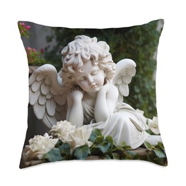 Cute Sleeping Angel Garden Cherub Statue Heaven Throw Pillow