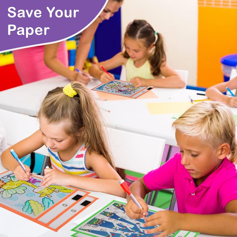 Ufmarine Job Ticket Holders, 6 Pcs Dry Erase Pockets Colorful