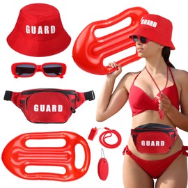 Jenaai Guard Costume Set Includes Hat, Fanny Pack, First Aid Pouch, Inflatable Float Prop, Whistle Lanyard, Sunglasses, Float Keychain, for Cosplay (Red)