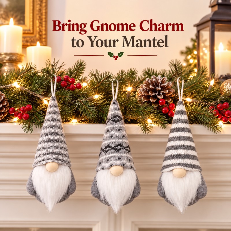 Christmas Gnome Hanging Ornaments - 3-Piece Gray Set with Patterned