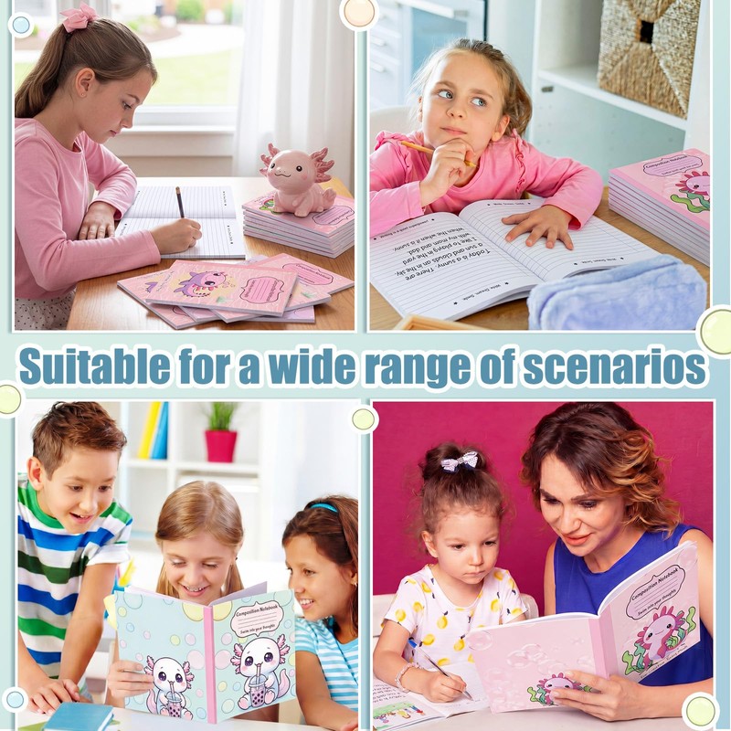 6 Pcs Composition Notebook Wide Ruled Paper Cute Axolotl Journal