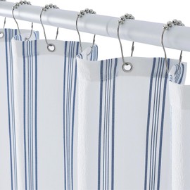 ORTIGIA Textured Fabric Shower Curtain-Blue Striped, 72x72 Inch Yarn Dyed Seersucker Structured Bathroom Curtain with 12 Metal Hooks, Blue and White Shower Curtain for Modern Farmhouse Bathrooms