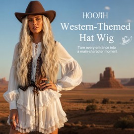 Cowboy Hat Wig for Women, Brown Hat with 22 Inch Wavy Hair Attached, Western Wig Hat for Country Concert Rodeo Halloween Costume Party - Light Golden Blonde with White Blonde