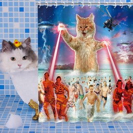 RosieLily Funny Kids Cat Beach Shower Curtains Set with 12 Hooks, Cool Bathroom Decor, 72"x72"
