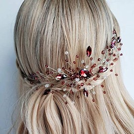 Aimimier Bridal Red Crystal Hair Comb Ruby Hair Gems Silver Headband Prom Party Festival Wedding Hair Accessories for Women and Girls(Red)