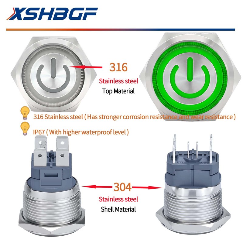 15Amp Latching Push Button Switch IP67 Waterproof 22mm 110V-120V On