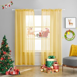 TOAVA DECO Butter Yellow Sheer Curtains 95 Inches Long 2 Panels Semi Faux Linen Yellow Sheer Curtain for Bedroom Living Room Girls Kids Room 2 Panels 52x95