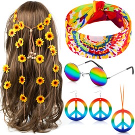WILLBOND 6 Pieces Hippie Costume Accessories Set 60s 70s Tie Dye Headband Sunflower Crown Hippie Sunglasses Rainbow Peace Sign Necklace and Earrings for Women Men Hippie Party Supplies