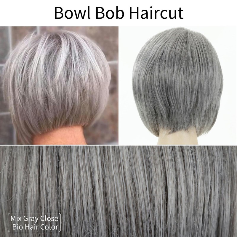 RENERSHOW Layered Bob Short Gray Wigs for Women Mixed Gray