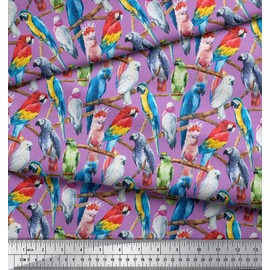 Soimoi Purple Moss Georgette Fabric Branch & Colorful Parrot Bird Decor Fabric Printed metre 42 Inch Wide