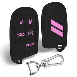 Mild East for Dodge Car Key Cover, Silicone Key Fob Cover Compatible with Dodge Dart Durango Grand RAM Journey Charger Challenger Cherokee, 5 Buttons (A-Black Pink)