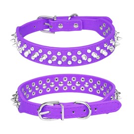 Pimaodog Spiked Studded Dog Collar, Adjustable Soft Leather Puppy Collar for Small Medium Dogs Bulldog Pitbull Mastiff Poodle Boxer (M, Purple)