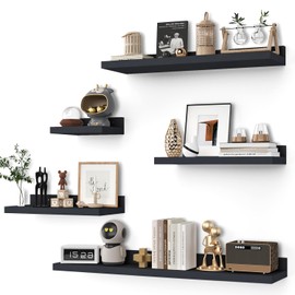 Yonscess Floating Shelves for Wall Set of 5,Black Floating Shelves bathroom,30 Inch Natural Wood Book Shelf for Wall Mounted,Home Decor Display Shelving,Storage Shelves for Living Room,Bedroom,Kitchen