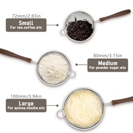 3 Piece Fine Sieve Kitchen Strainer, Kitchen Strainer Wire Strainer Set Made of 304 Stainless Steel with Wooden Handle, Fine Mesh Sieve Set for Quinoa/Pasta/Flour/Food/Rice/Baking/Cooking (7/8/10 cm)