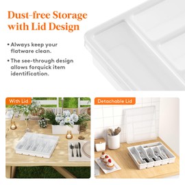 Lifewit Silverware Organizer with Lid, Covered Utensil Tray for Kitchen Drawer and Countertop, Plastic Cutlery and Flatware Storage Box for Spoons Forks Knives Holder Case, 6 Compartments, White