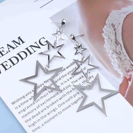 Cimenexe Bohemian Star Dangle Earrings Silver Star Drop Earrings Hollow Star Dangling Earrings Long Triple Star Stud Earrings Jewelry for Women and Girls