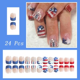 24pcs 4th of July Press on Nails Short Square Red Blue French Tip Fake Nails with American Flag Glitter Design Independence Day Star False Nails Patriotic Acrylic Nails Glue on Nails for Women