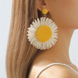ALRNBY Big Sunflower Statement Earrings for Women Pretty Dangle Stud Earrings for Girls Gift Eco-Friendly Raffia (White patals)