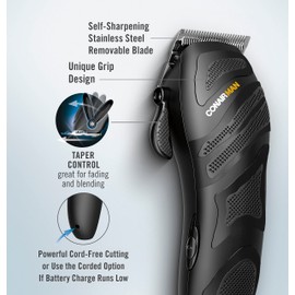 ConairMAN Number Cut, Cord/Cordless Men’s Hair Clippers and Trimmers Set, Includes Barber Comb and Scissors, Cleaning Brush, Oil, Blade Guard and Deluxe Storage Case, At-Home Clipper Kit, Rechargeable