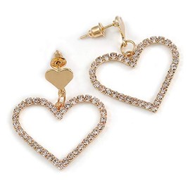 Delicate Crystal Open Heart Drop Earrings In Gold Tone/Romantic Style - 35mm Tall