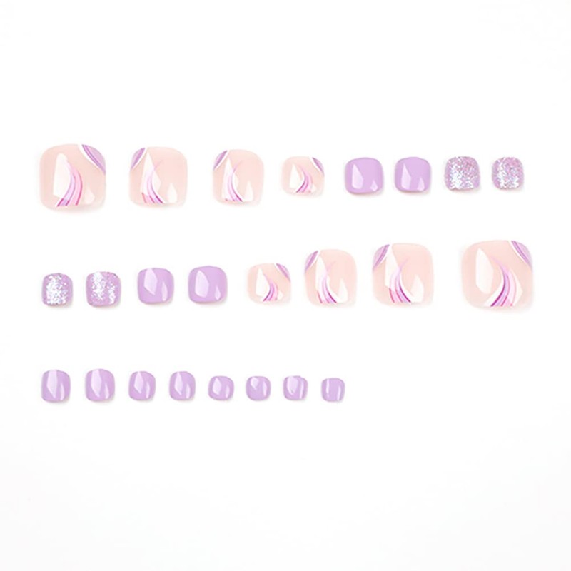 Clataly 24pcs Square Flowers Fake Nails Glossy Glitter Toe Print