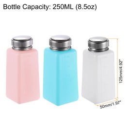 HARFINGTON 250ML (8.5oz) Push Down Alcohol Dispenser Pump Liquid Press Empty Bottles Refillable Container for Acetone Cleanser Nail Polish Remover, 3 Colors