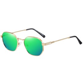 H HELMUT JUST Men's Ultra-Light UV400 CAT 3 Retro Metal Frame Sunglasses Polarised Unisex, Golden/Green Mirrored
